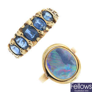 A 9ct gold sapphire five-stone ring and an opal ring.