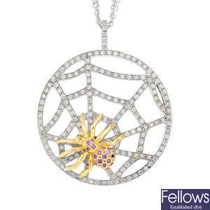 A sapphire and diamond spider and web pendant, with chain.