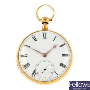An 18ct yellow gold open face quarter repeater pocket watch by William Hollister.