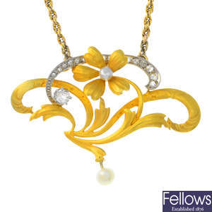 An Art Nouveau gold, diamond and cultured pearl necklace.