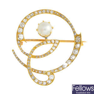 An Art Nouveau 18ct gold cultured pearl and diamond brooch.