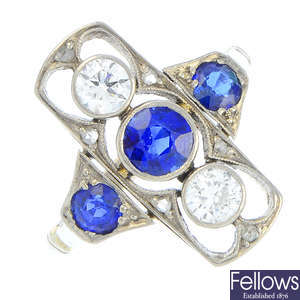 An Art Deco sapphire and diamond dress ring.