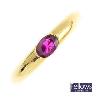 A ruby single-stone ring.
