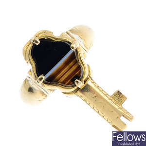A 19th century gold agate key ring.
