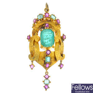 A late Victorian gold emerald and ruby pendant.