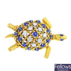CARTIER - a mid 20th century 18ct gold platinum sapphire and diamond turtle brooch.