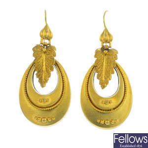 A pair of late Victorian gold earrings.