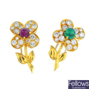 VAN CLEEF & ARPELS - a pair of mid 20th century 18ct gold ruby, emerald and diamond floral pins.