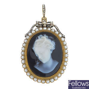 A late 19th century gold agate, diamond and split pearl mourning pendant.