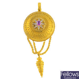 A mid Victorian gold Burma sapphire and diamond pendant.