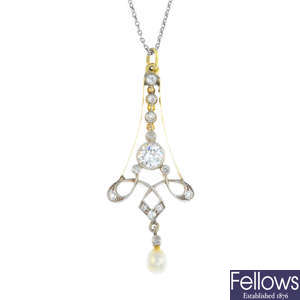 A diamond and cultured pearl pendant, with a chain.