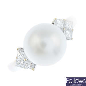 An 18ct gold diamond and cultured pearl dress ring.