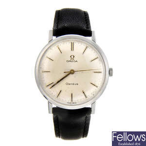 OMEGA - a gentleman's stainless steel GenÃ¨ve wrist watch with an Omega Geneve bracelet watch.