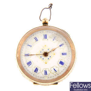 A yellow metal open face pocket watch with two white metal pocket watches.