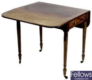 A 19th century mahogany and rosewood cross banded drop leaf table, together with a Victorian mahogany Pembroke table, and a reproduction shaped marble topped single drawer side table.