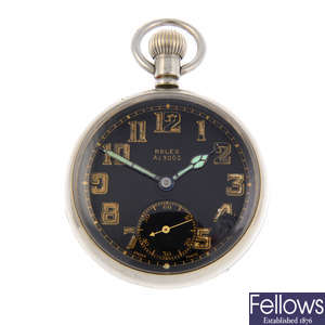 A nickel plated base metal military issue pocket watch by Rolex.