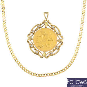 An Elizabeth II full sovereign and diamond pendant, and a separate 18ct gold chain.