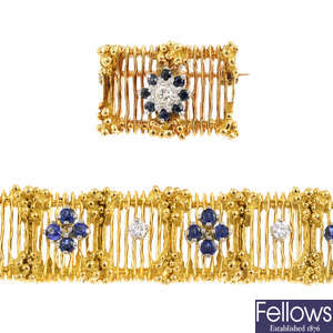 A mid 20th century sapphire and diamond bracelet and matching brooch.