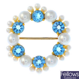 A 9ct gold zircon, cultured pearl and seed pearl brooch.