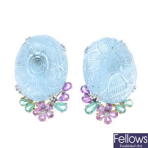 A pair of aquamarine, diamond, pink sapphire and emerald earrings.