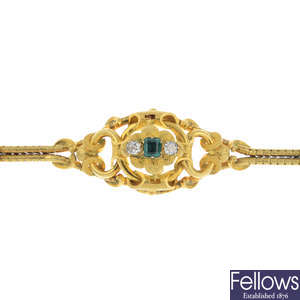 A mid Victorian gold Colombian emerald and diamond bracelet.