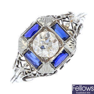 A mid 20th century 18ct gold diamond and sapphire dress ring.