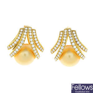 MIKIMOTO - a pair of South Sea cultured pearl and diamond 'World of Creativity' earrings.