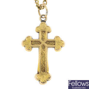 A late Victorian gold cross pendant, with chain.