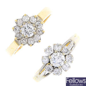 Two 18ct gold diamond floral cluster rings.