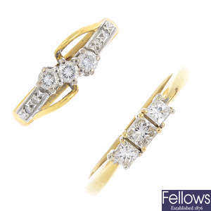 Two gold diamond three-stone rings.