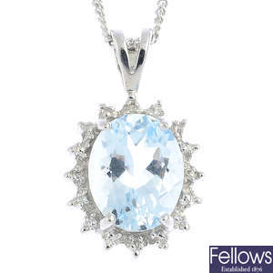 A 9ct gold aquamarine and diamond pendant, with 9ct gold chain.