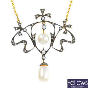 A cultured pearl, split pearl and diamond necklace.