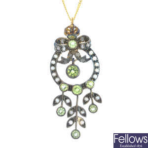 A peridot, split pearl and diamond pendant, with 9ct gold chain.