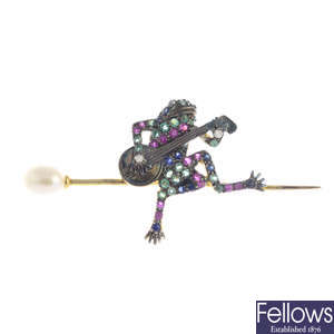 A diamond, gem-set and pearl frog brooch.