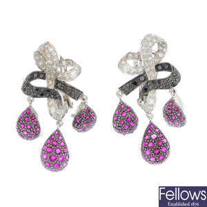 A pair of ruby, diamond and gem-set earrings.