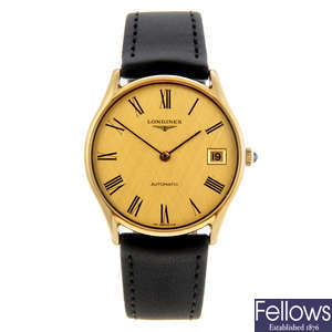 LONGINES - a gentleman's gold plated wrist watch with a lady's Longines bracelet watch.