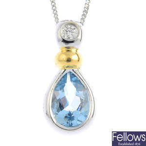 An 18ct gold aquamarine and diamond pendant, with 18ct gold chain.