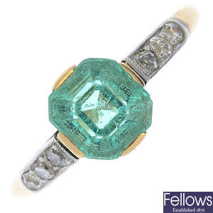 An Art Deco 15ct gold emerald and diamond ring.