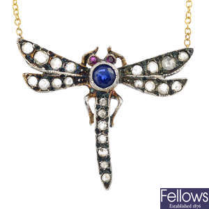 A sapphire, ruby and diamond dragonfly necklace.