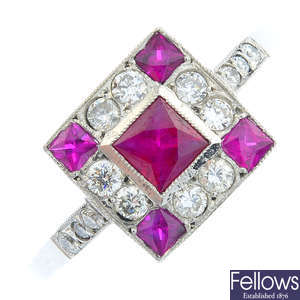 A platinum ruby and diamond ring.