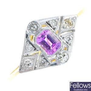 An 18ct gold pink sapphire and diamond ring.