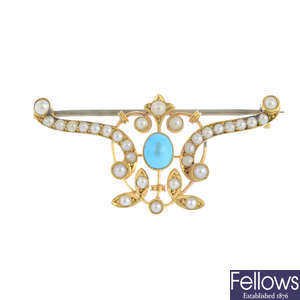 An early 20th century 9ct gold turquoise and split pearl brooch.