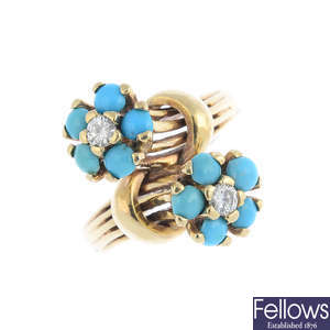 A 14ct gold diamond and turquoise ring.