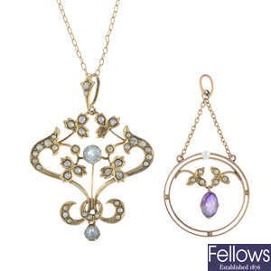 Two early 20th century gold gem-set pendants, with one chain.