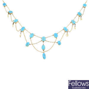 LIBERTY & CO. - an Edwardian gold turquoise and pearl necklace.