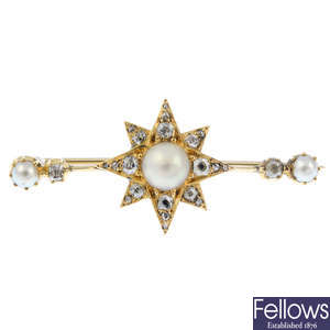 A late Victorian gold, split pearl and diamond brooch.