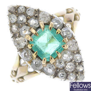 A late Victorian gold emerald and diamond cluster ring.