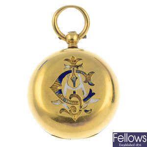 A late Victorian 18ct gold enamel sovereign case.