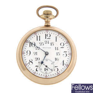 A gold filled open face pocket watch by Waltham.