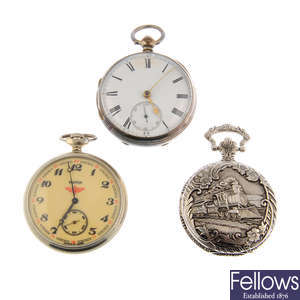 A group of ten assorted pocket watches with two wrist watches.